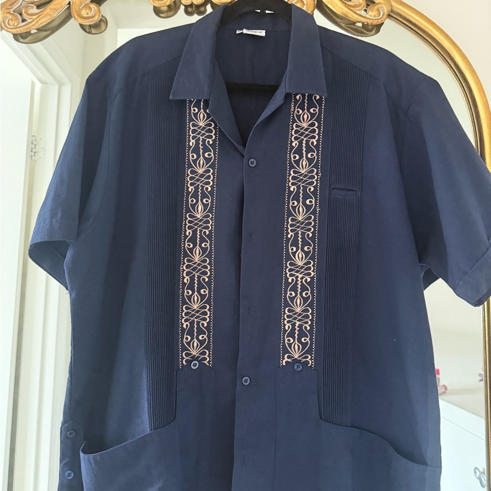 Navy Embroidered Short Sleeve Shirt (Guayabera)